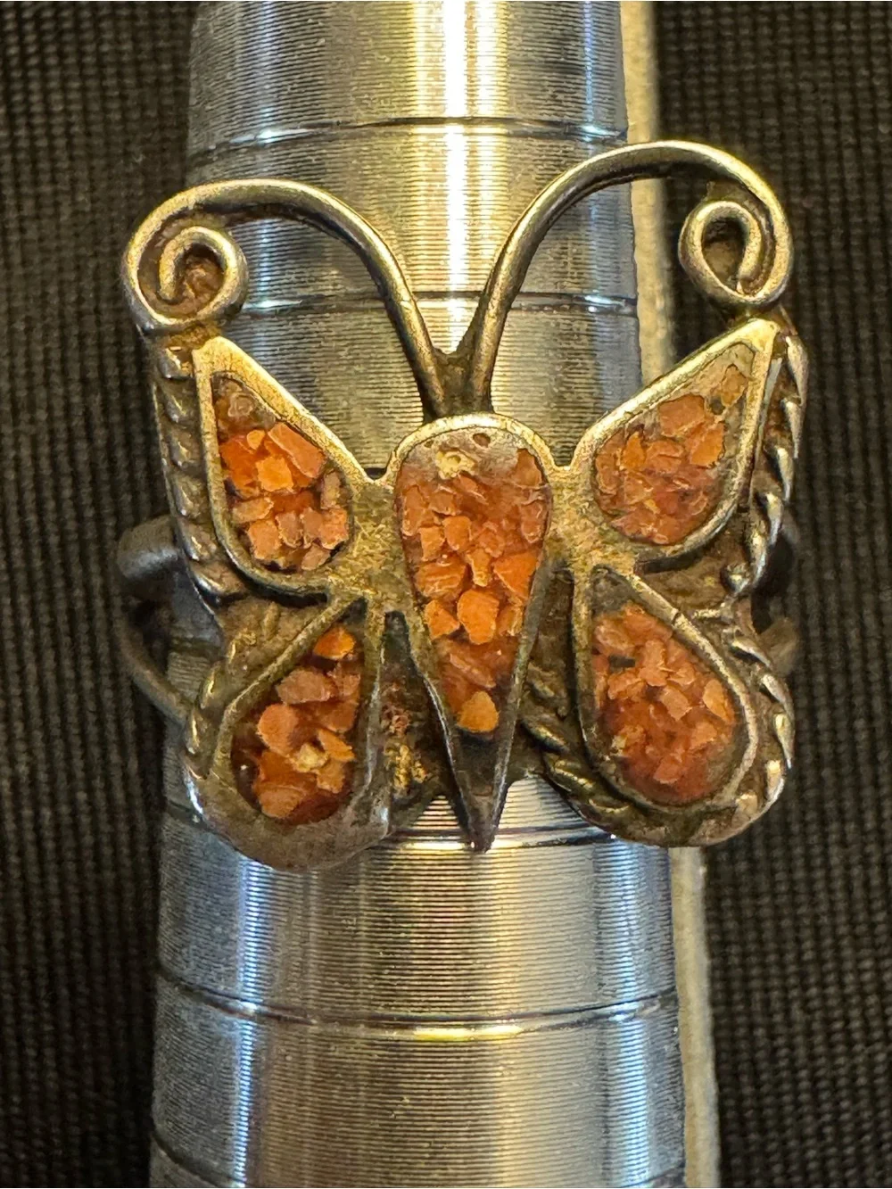 Vintage Sterling Silver Butterfly Ring - Size 7 - Crushed Coral Inlay